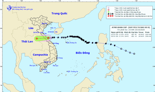 Vị trí và đường đi của áp thấp nhiệt đới suy yếu từ bão số 8. Ảnh: Trung tâm Dự báo KTTV Quốc gia.