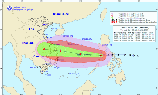 Vị trí và hướng đi của cơn bão số 9 - bão Molave. Nguồn: NCHMF
