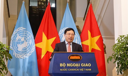 Phó Thủ tướng, Bộ trưởng Phạm Bình Minh gửi thông điệp tới phiên họp của Liên Hợp Quốc hôm 2.10 kỷ niệm Ngày Quốc tế về Xóa bỏ hoàn toàn Vũ khí hạt nhân. Ảnh: Bộ Ngoại giao.