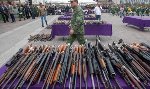 Vũ khí được các nhà chức trách Mexico thu được từ tội phạm và tổ chức buôn ma túy ở bang Tamaulipas và bang San Luis Potosi hồi năm 2017. Ảnh: AFP