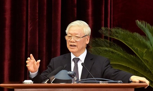 Tổng Bí thư, Chủ tịch Nước Nguyễn Phú Trọng phát biểu bế mạc Hội nghị Trung ương 13, khoá XII. Ảnh Nhật Bắc