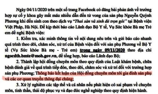 Công văn của Bộ Y tế yêu cầu BV Việt Pháp thông báo kết luận của Hội đồng chuyên môn tới gia đình sản phụ và cơ quan truyền thông đại chúng. Ảnh: PV