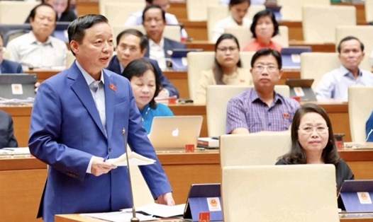 Bộ trưởng Bộ TNMT Trần Hồng Hà phát biểu tại một phiên thảo luận tại Quốc hội. Ảnh: Chính phủ