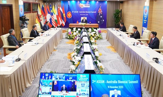 Hội nghị trực tuyến Cấp cao ASEAN-Australia lần thứ 2 diễn ra theo hình thức trực tuyến. Ảnh: VGP.
