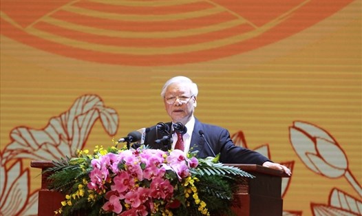 Tổng Bí thư, Chủ tịch Nước Nguyễn Phú Trọng đọc diễn văn tại lễ kỷ niệm. Ảnh: Phạm Đông