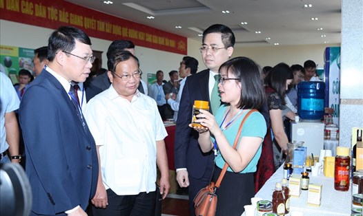 Lãnh đạo Bộ KHCN và UBND tỉnh Bắc Giang thăm các gian hàng giới thiệu sản phẩm ứng dụng KHCN mang lại hiệu quả kinh tế cao. Ảnh: ĐT