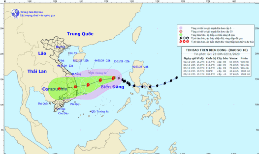 Thông tin mới nhất dự báo về vị trí và hướng đi của bão số 10. Nguồn: NCHMF