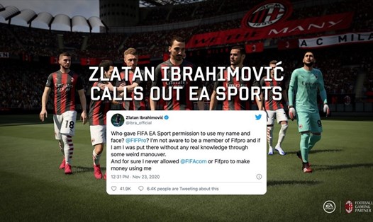 Hình ảnh của AC Milan và Zlatan Ibrahimovic trong trò chơi cùng phản ứng anh viết trên Twitter. Ảnh: FIFA