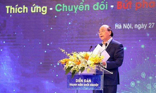 Thủ tướng Chính phủ Nguyễn Xuân Phúc phát biểu tại Lễ khai mạc Ngày hội khởi nghiệp đổi mới sáng tạo quốc gia Techfest Vietnam 2020 chiều 27.11. Ảnh: ĐT
