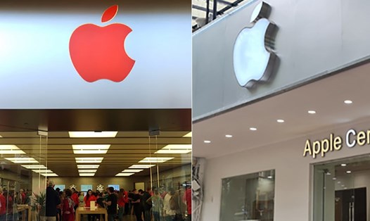 Hình ảnh logo Apple tại một Apple Store ở California (Mỹ) và logo tại Apple Center ở phố Hàng Bài (Hà Nội). Ảnh: Thế Lâm/Lưu Tươi.