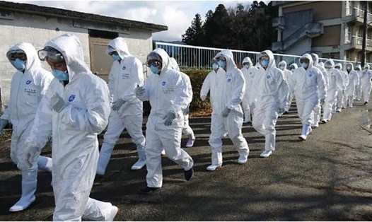 Các binh lính trong trang phục bảo hộ chống virus trên đường đến xử lý ổ dịch cúm gia cầm tại một trang trại gà ở Nhật Bản hồi năm 2016. Ảnh: AFP