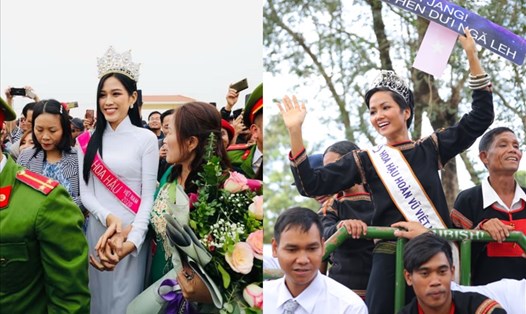 Hoa hậu Việt Nam Đỗ Thị Hà và H'hen Niê đều được người dân quê yêu mến. Ảnh: SV, MU, QD