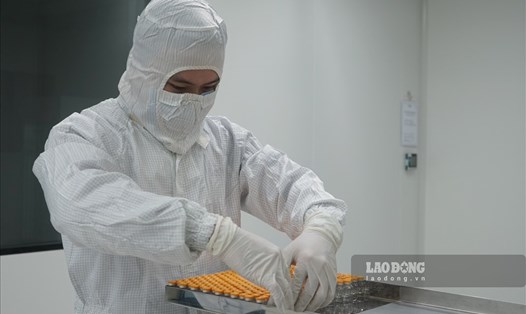 Nhân viên kỹ thuật đang siết nắp nhôm, một công đoạn để sản xuất vaccine Nanocovax ngừa COVID-19. Ảnh: Thanh Chân