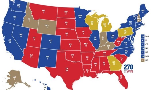 Bản đồ vụ kiện của Texas: Các bang đỏ đã nộp báo cáo ủng hộ Texas, các bang xanh ủng hộ 4 bang chiến địa bị kiện, các bang vàng là các bang bị cáo. Ảnh: Twitter