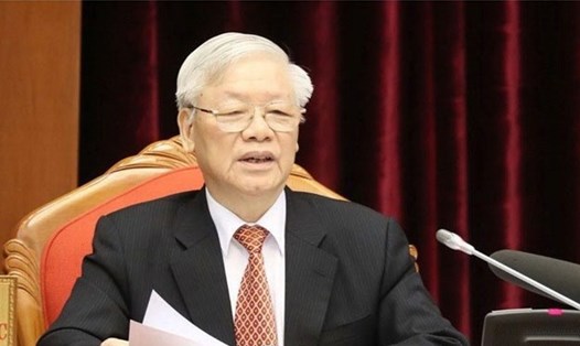 Tổng Bí thư, Chủ tịch Nước Nguyễn Phú Trọng chủ trì Hội nghị Trung ương 14. Ảnh Nhật Bắc