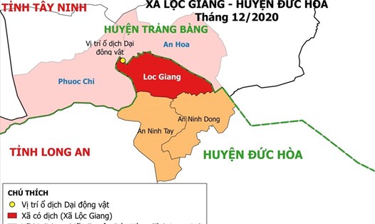 Bản đồ dịch tể theo dõi phòng bệnh dại ở huyện Đức Hòa, Long An. Ảnh: L.A