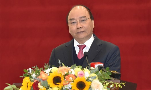 Thủ tướng Chính phủ Nguyễn Xuân Phúc phát biểu tại Hội nghị triển khai công tác toà án năm 2021. Ảnh Quang Hiếu