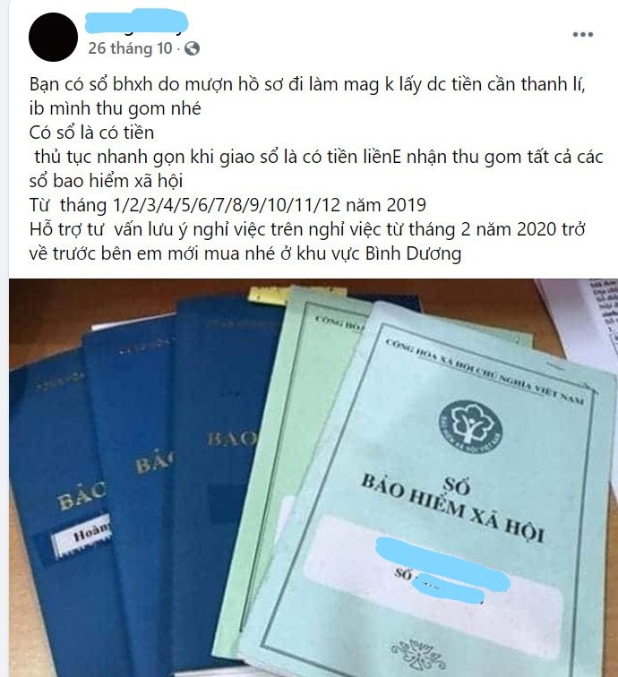 Các đối tượng rao tin thu mua sổ BHXH trên các trang, nhóm đông CNLĐ tham gia ở Bình Dương. Ảnh: Đình Trọng
