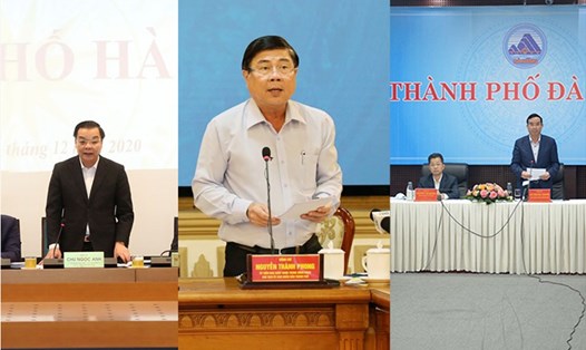 Lãnh đạo thành phố Hà Nội, thành phố Hồ Chí Minh và thành phố Đà Nẵng nêu các kiến nghị tại Hội nghị trực tuyến Chính phủ với các địa phương. Ảnh PV