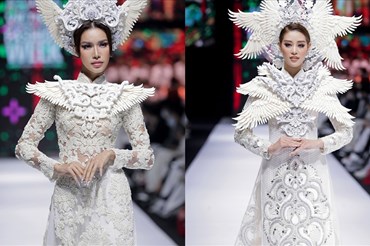 Minh Tú và hoa hậu Khánh Vân diện thiết kế áo dài độc đáo. Ảnh: NSCC