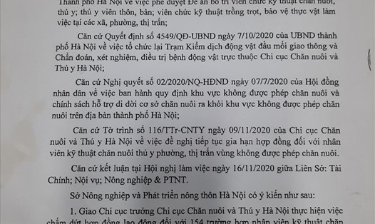 Văn bản Sở Nông nghiệp và Phát triển Nông thôn Hà Nội gửi Chi cục Chăn nuôi và Thú y Hà Nội về việc chấm dứt hợp đồng lao động với nhân viên thú y cấp phường.
