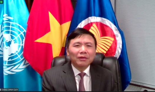 Đại sứ Đặng Đình Quý, Trưởng phái đoàn Việt Nam tại Liên Hợp Quốc, chủ trì họp trực tuyến. Ảnh: BNG