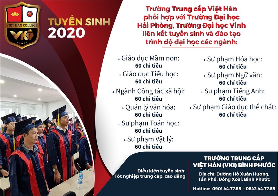 Trường Trung cấp Việt Hàn phối hợp với Trường Đại học Hải Phòng, Trường Đại học Vinh liên kết tuyển sinh và đào tạo trình độ đại học. Ảnh: NVCC Trường Trung cấp Việt Hàn phối hợp với Trường Đại học Hải Phòng, Trường Đại học Vinh liên kết tuyển sinh và đào tạo trình độ đại học. Ảnh: NVCC