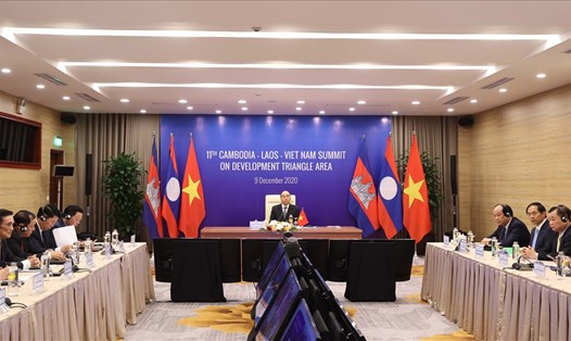 Hội nghị cấp cao khu vực tam giác phát triển Campuchia - Lào - Việt Nam (CLV) lần thứ 11 diễn ra theo hình thức trực tuyến. Ảnh: Bộ Ngoại giao.