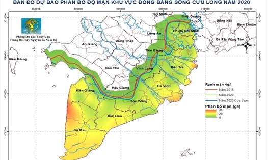 Bản đồ ngập mặn khu vực đồng bằng sông Cửu Long năm 2020. Nguồn: BCĐPCTT