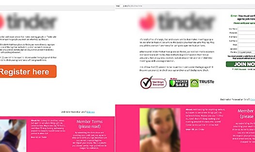 Một trang web lừa đảo dưới vỏ bọc của Tinder yêu cầu người dùng đăng kí để tìm đối tượng hẹn hò (ảnh chụp màn hình/V.T).