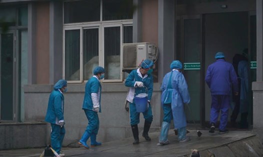 Nhân viên bệnh viện tại lối vào một trung tâm điều trị bệnh nhân nhiễm COVID-19 ở Vũ Hán, Trung Quốc. Ảnh: AP.