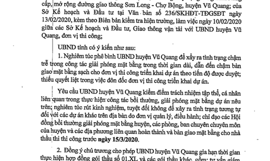 Văn bản 968 của UBND tỉnh Hà Tĩnh phê bình UBND huyện Vũ Quang chậm GPMB Dự án Nâng cấp, mở rộng đường giao thông Sơn Long - Chợ Bộng