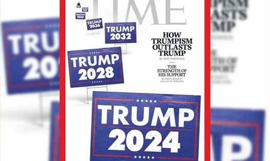 Ảnh chế bìa tạp chí Time đăng trên Twitter của Tổng thống Mỹ cho thấy ông Donald Trump sẽ làm tổng thống qua nhiều năm.