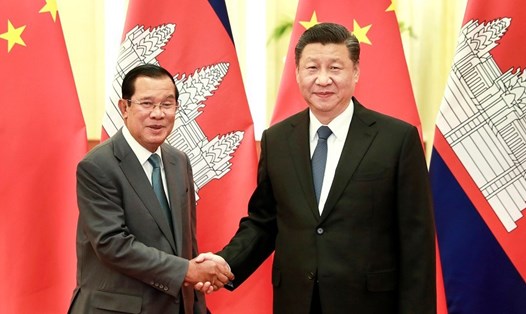 Chủ tịch Trung Quốc Tập Cận Bình tiếp Thủ tướng Campuchia Hun Sen. Ảnh: CGTN