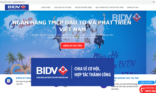 Một website ngang nhiên dùng hình và thương hiệu của Ngân hàng BIDV để quảng cáo dịch vụ cho vay tiêu dùng. Ảnh: C.H
