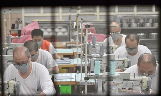 Tù nhân tham gia sản xuất khẩu trang tại Đài Loan. Ảnh: AFP.