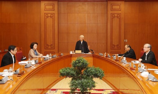 Tổng Bí thư, Chủ tịch Nước Nguyễn Phú Trọng, Trưởng Tiểu ban Nhân sự Đại hội XIII của Đảng phát biểu chỉ đạo cuộc họp. Ảnh: TTXVN