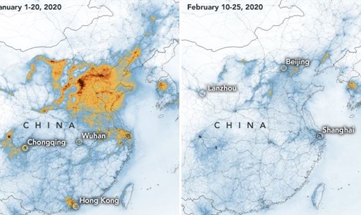 Ảnh vệ tinh về ô nhiễm không khí ở Trung Quốc từ 1-20.1.2020 (trái) và 10-21.2.2020. Ảnh: NASA.
