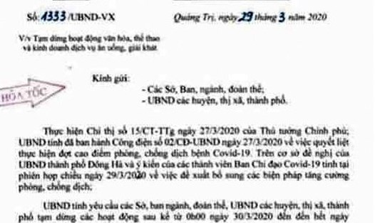 Công văn hỏa tốc của UBND tỉnh Quảng Trị.