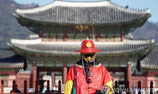 Một người bảo vệ đeo khẩu trang đứng trước quảng trường Gwanghwamun trong bối cảnh Hàn Quốc có số ca nhiễm COVID-19 tăng từng giờ. Ảnh: Yonhap