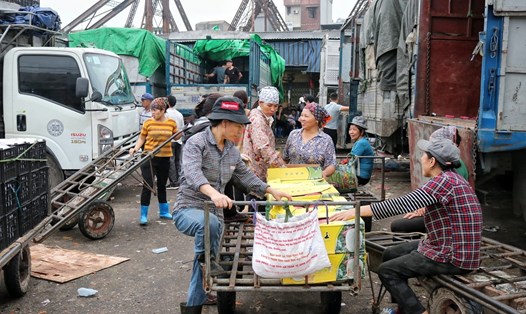 Những người làm nghề cửu vạn ở chợ đầu mối Long Biên (Hà Nội) phần lớn đều là phụ nữ. Ảnh: PV