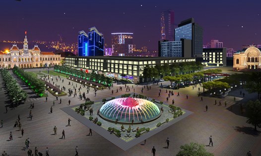 Phối cảnh công viên trước Nhà hát Thành phố và đài phun nước nghệ thuật trên đường Nguyễn Huệ.  Ảnh: Sở Quy hoạch - Kiến trúc TPHCM