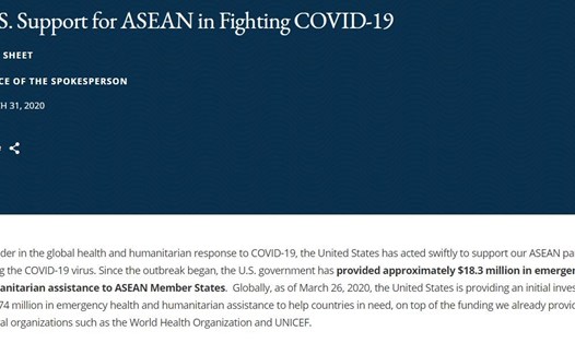 Thông báo trên website Bộ Ngoại giao Mỹ cho biết, Mỹ đã cung cấp khoảng 18,3 triệu USD hỗ trợ y tế và nhân đạo khẩn cấp cho các quốc gia thành viên ASEAN. Ảnh chụp màn hình.
