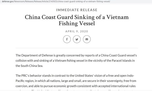 Bộ Quốc phòng Mỹ ngày 9.4 lên án tàu Trung Quốc đâm chìm tàu cá Việt Nam ở vùng biển gần quần đảo Hoàng Sa ở Biển Đông. Ảnh chụp màn hình.