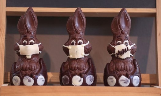 Thỏ socola đeo khẩu trang được bày bán trong cửa hàng Cocoatree ở Lonzee, Bỉ. Ảnh: Yahoo