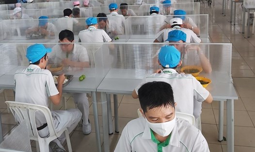 Người lao động Công ty Nidec Việt Nam ăn ca trong các ô được ngăn cách để phòng chống dịch COVID-19. 
Ảnh: Công đoàn Cty Nidec Việt Nam