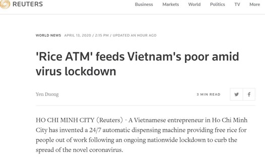 Hãng tin Reuters có bài viết về sáng kiến "ATM gạo" của Việt Nam. Ảnh chụp màn hình.