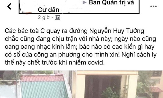 Một ý kiến than phiền của cư dân khi bị karaoke tra tấn tại một khu chung cư quận Thanh Xuân. Ảnh chụp màn hình.