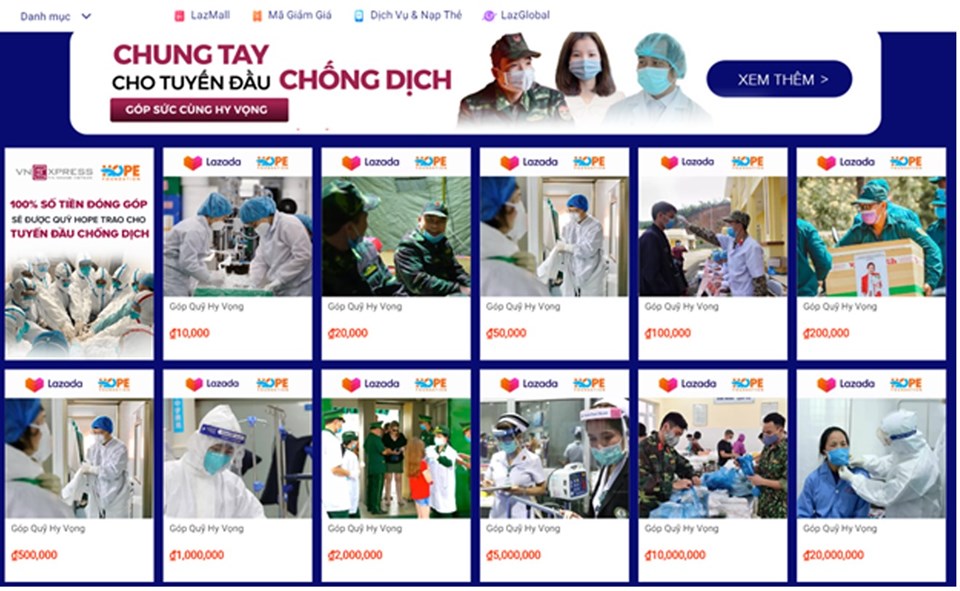 Trang quyên góp của Quỹ Hy vọng trên Lazada. Trang quyên góp của Quỹ Hy vọng trên Lazada.