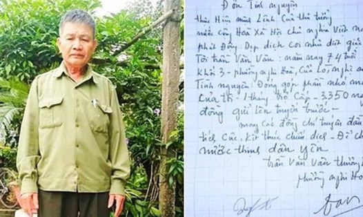 Ông Trần Văn Vân cùng đơn tình nguyện đóng góp quỹ phòng chống dịch COVID-19. Ảnh: PV